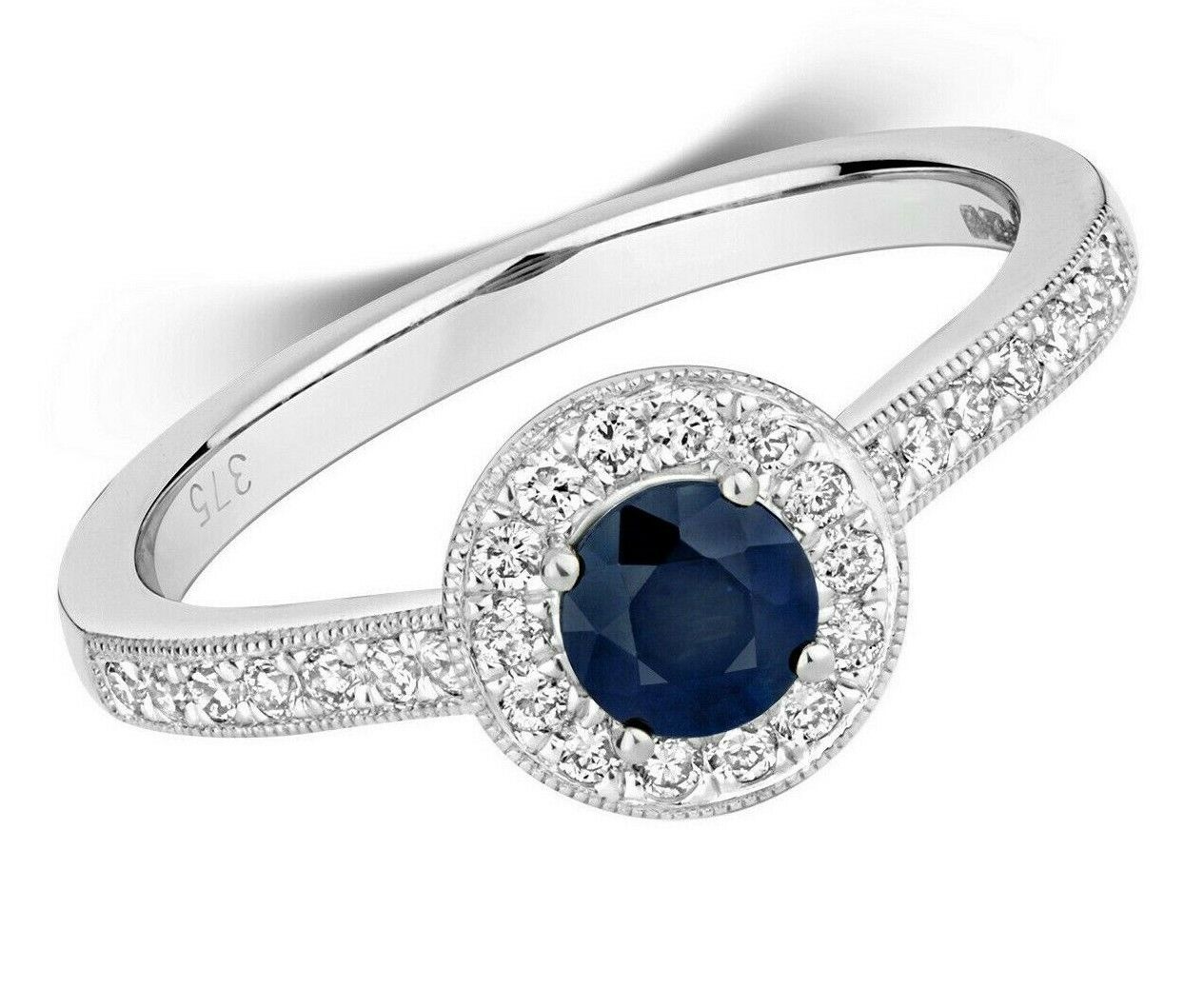 Real Sapphire and Diamond Ring 9ct White Gold Round Cluster Halo Engagement