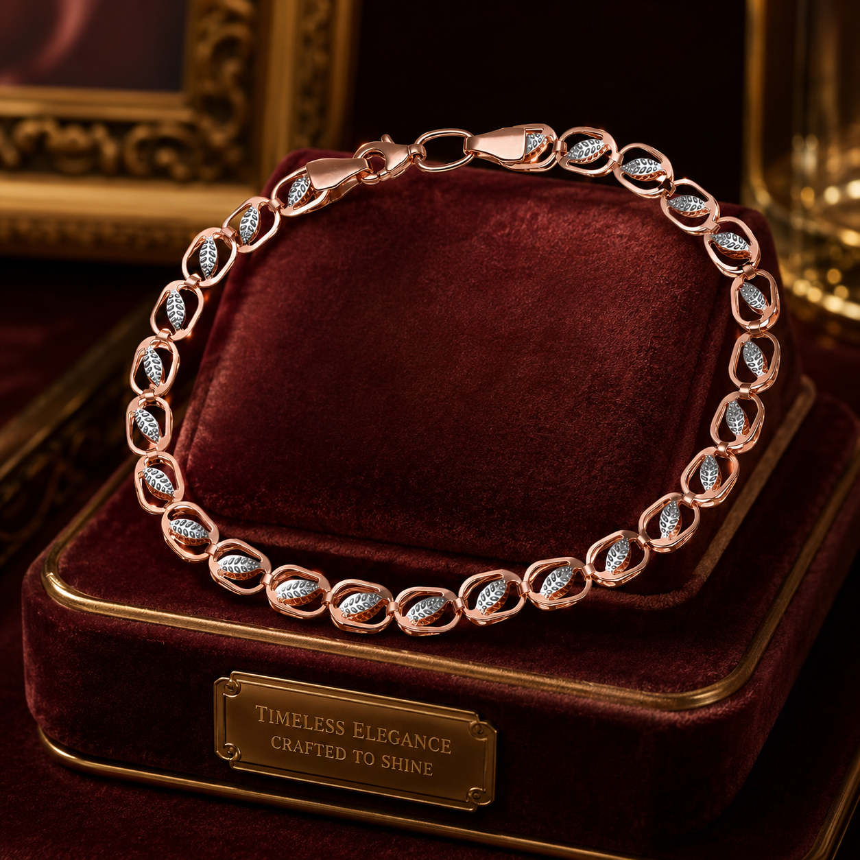 Rose Gold Open Oval Bracelet with White Gold Detail 375 Hallmark 19cm