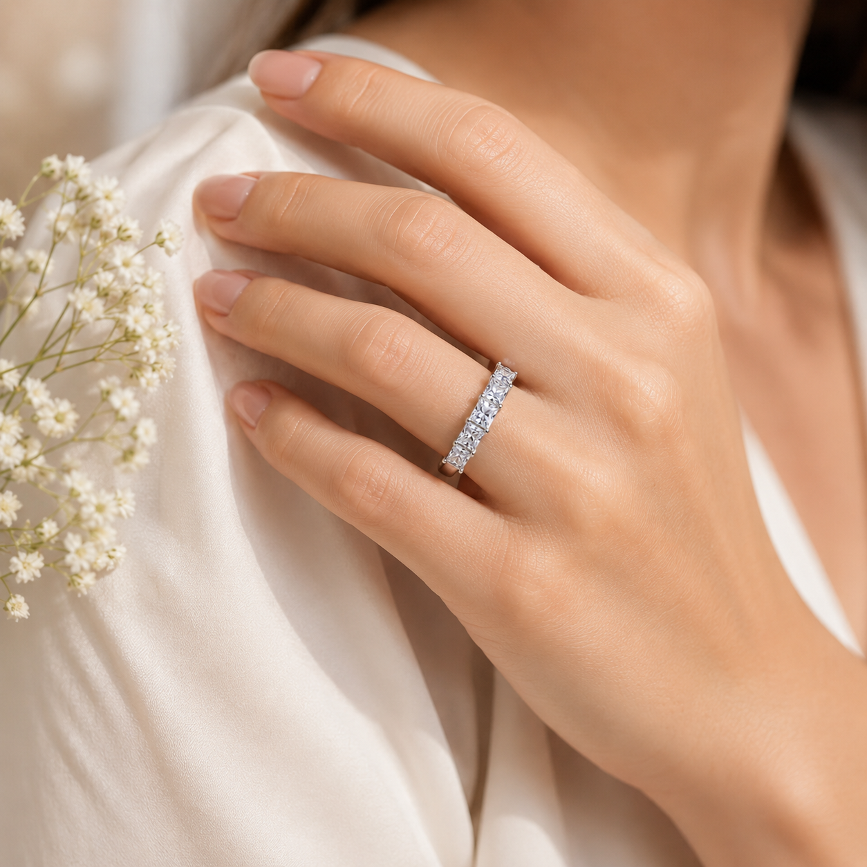 Classic Five Stone Princess Cut Anniversary Ring in Solid Sterling Silver