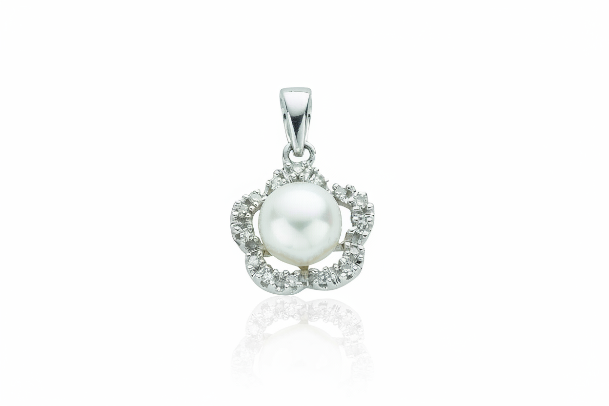 9ct White Gold Freshwater Pearl and Diamond Flower Pendant
