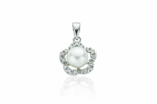 9ct White Gold Freshwater Pearl and Diamond Flower Pendant
