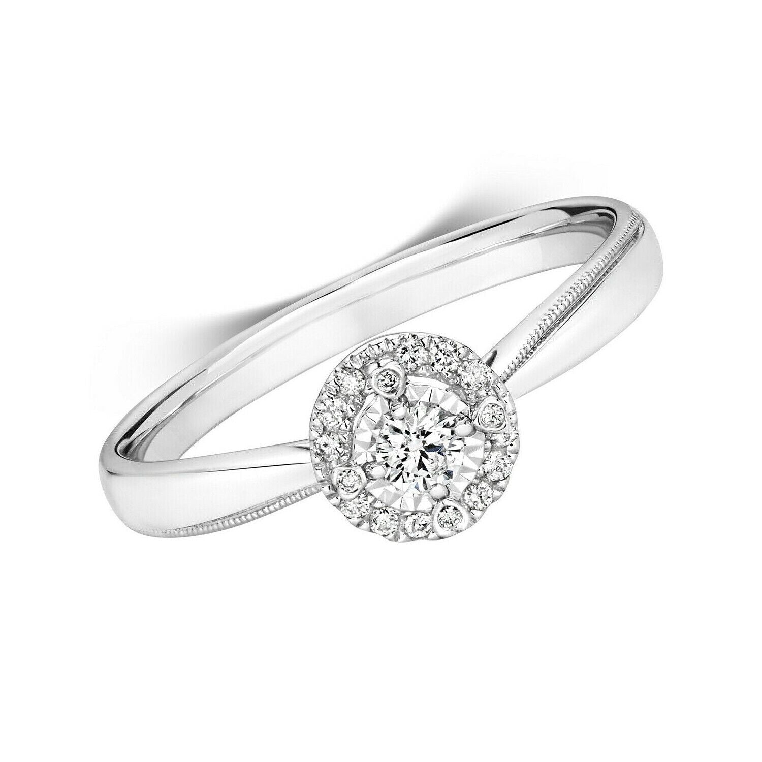 Real Diamond Ring Illusion 9ct White Gold Solitaire Cluster 0.15ctw