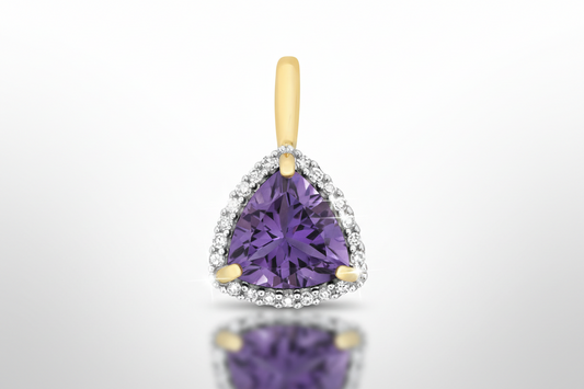 Amethyst and Diamond Trillion Pendant 9ct Yellow Gold Necklace Real Stones