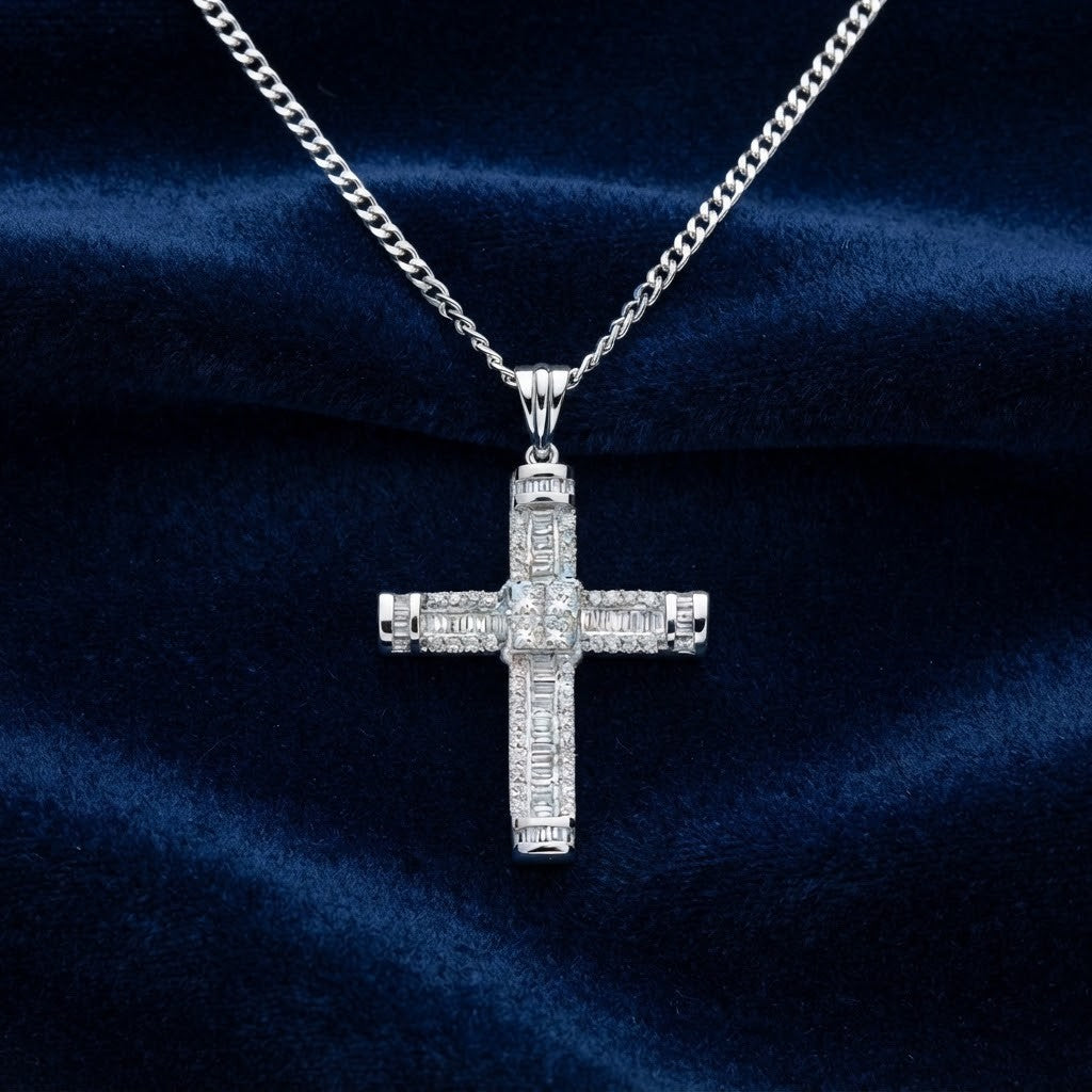 Real Diamond Cross Pendant 18ct White Gold 18" Chain Baguette Princess Round Cut