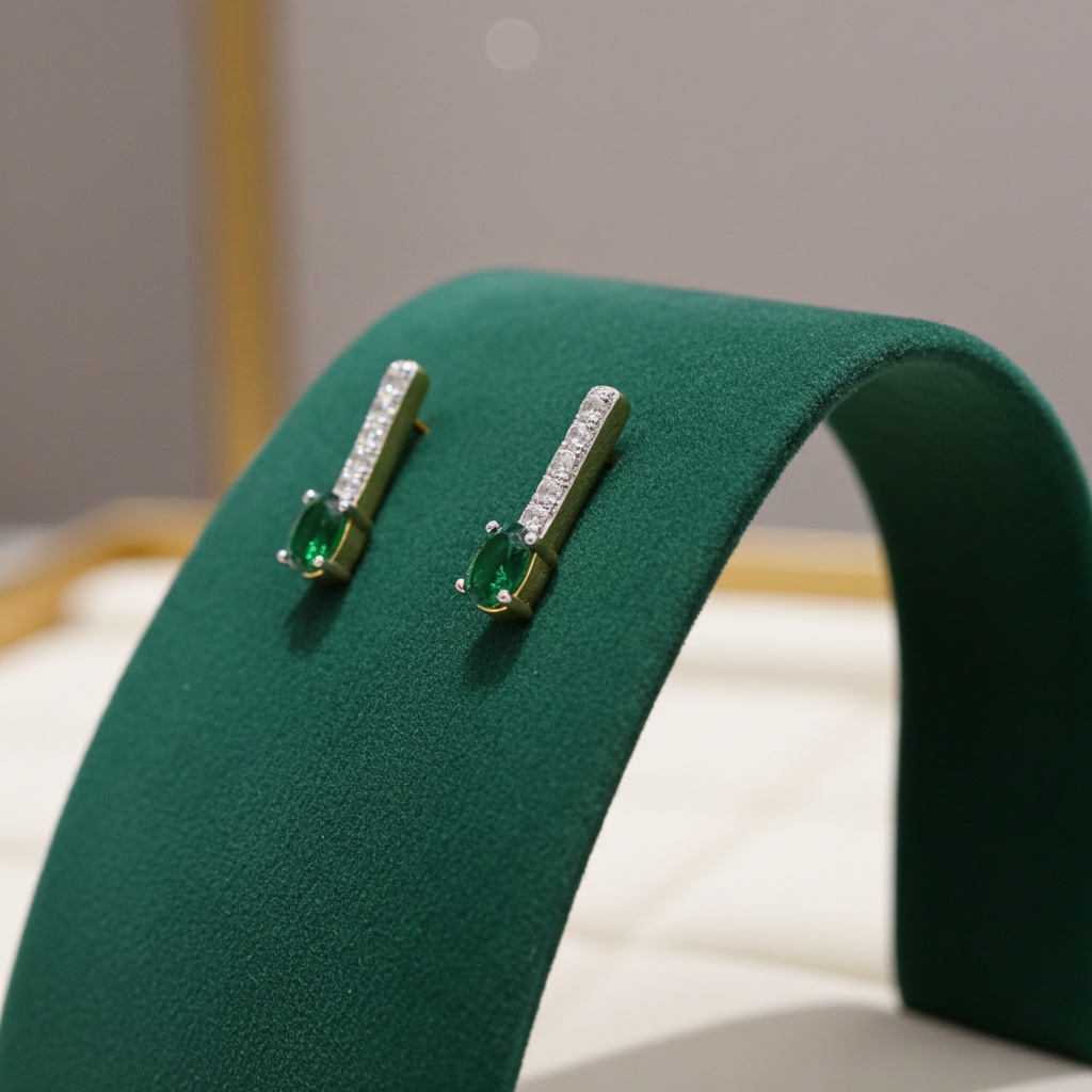 18ct Gold Emerald Drop Stud Earrings on Solid Sterling Silver 925 Hallmark