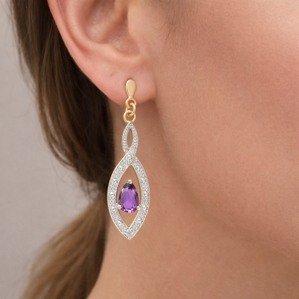 Natural Amethyst and Diamond Earrings Solid 9ct Yellow Gold Drops Hallmarked