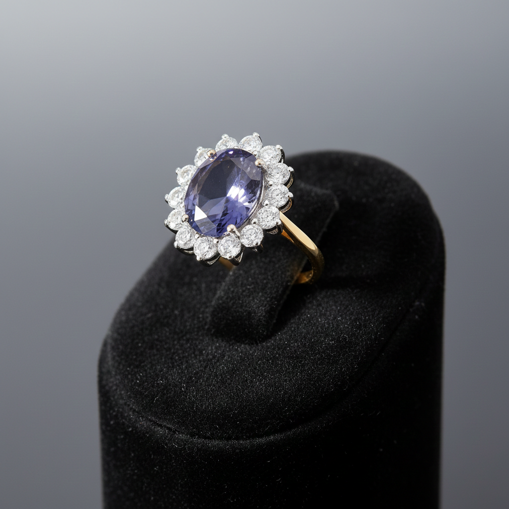 18ct Gold Large Tanzanite Ring Cluster on Sterling Silver 925 Hallmark Size K-S