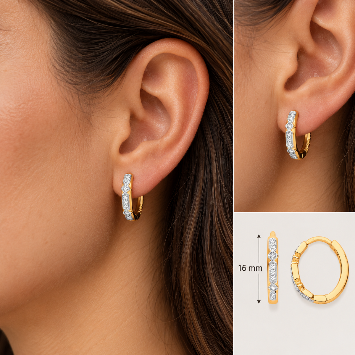 Real Diamond Hoop Earrings 9ct Yellow Gold 16mm Diameter 0.08ctw Mined Diamonds