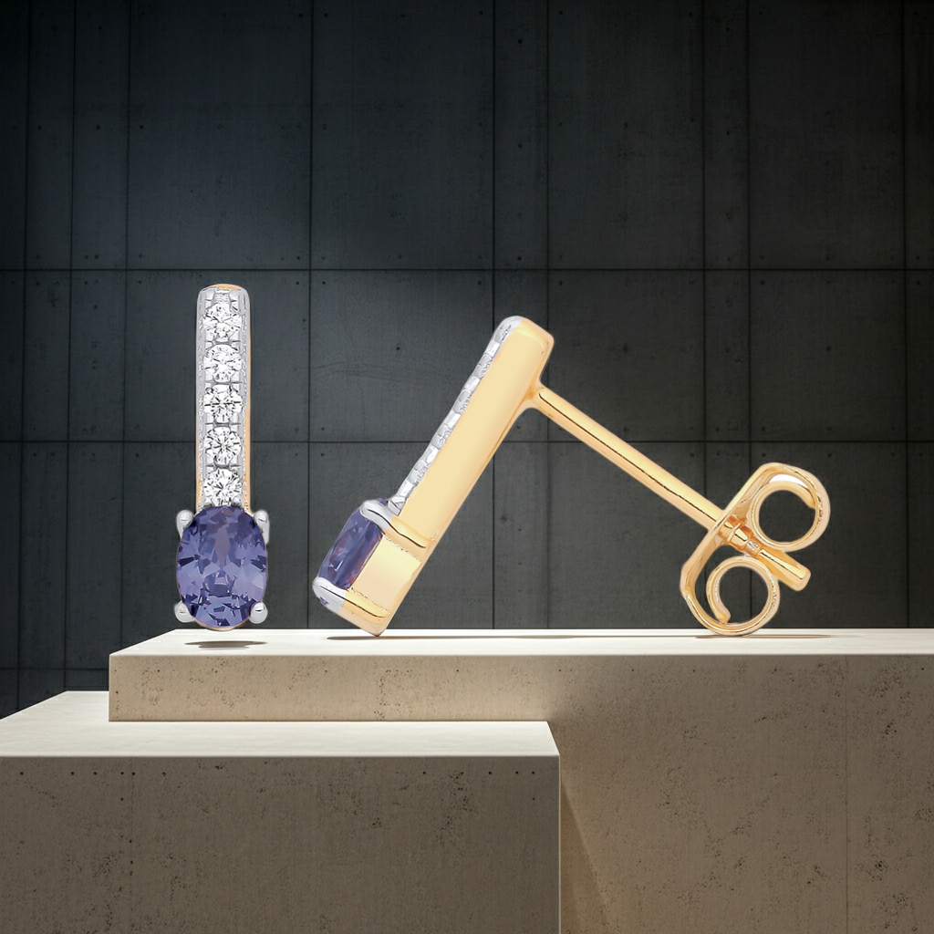 18ct Gold Tanzanite Drop Stud Earrings on Solid Sterling Silver 925 Hallmark