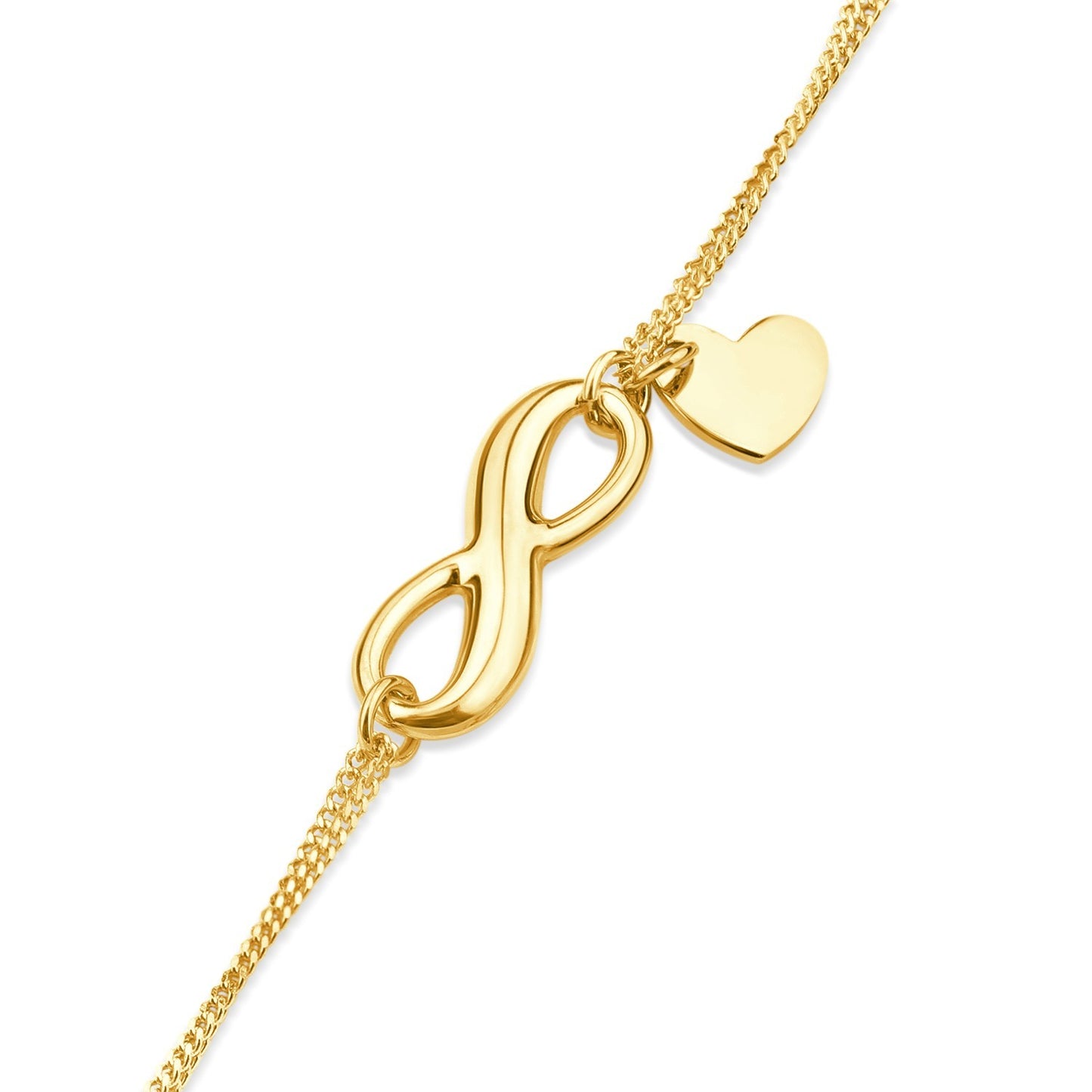Infinity Heart Double Chain Gold Bracelet 9ct Yellow Gold 375 Hallmark 17-19cm