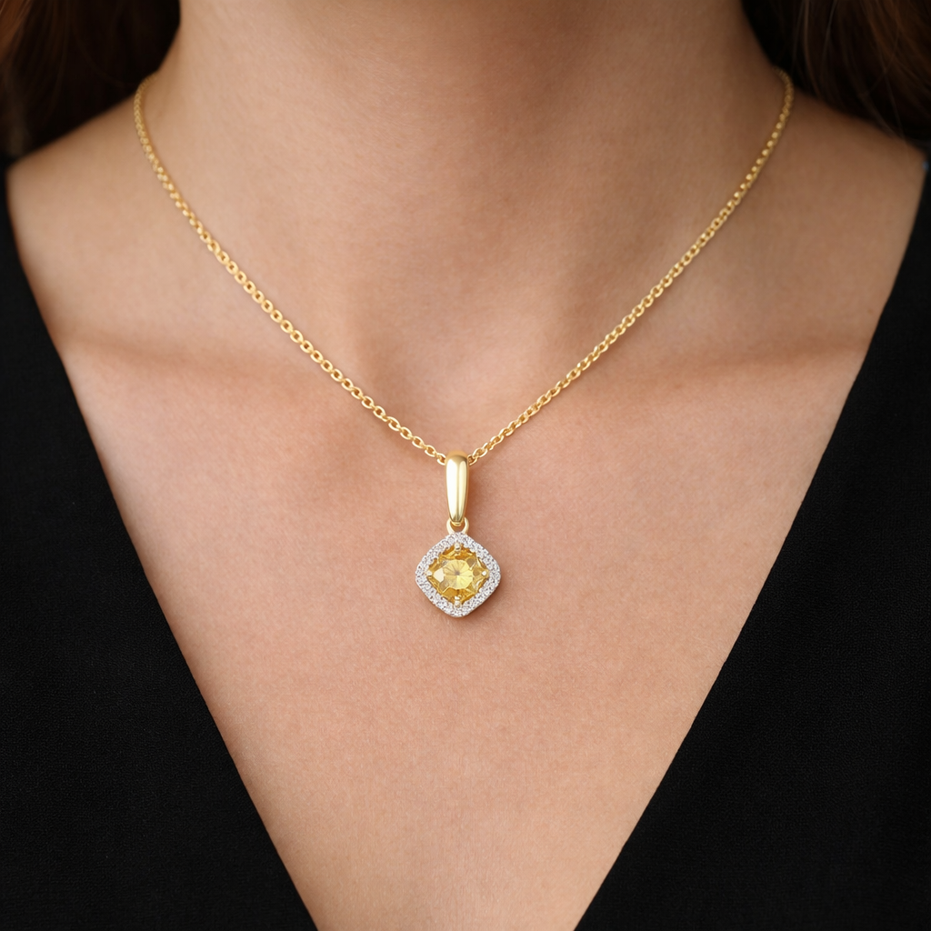 18ct Yellow Gold Yellow Sapphire and Diamond Pendant 16" 41cm Chain 750 Hallmark