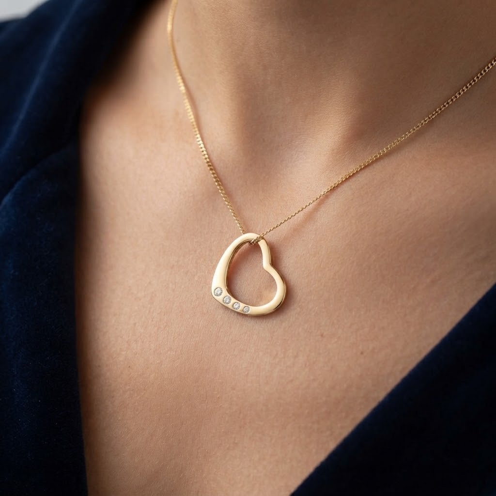 Floating Open Heart Pendant Necklace 9ct Yellow Gold 18" / 45cm Chain