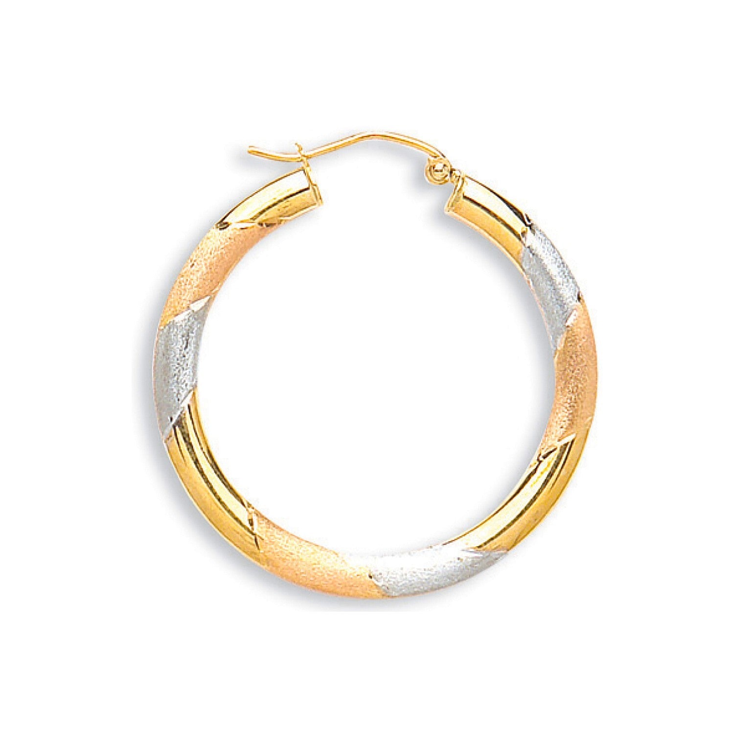 Three Colour Gold Hoop Earrings 30mm Diamond Cut Design Hallmarked Hoops