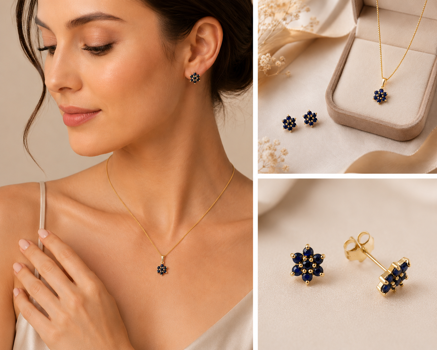 Natural Sapphire Jewellery Set Yellow Gold Pendant Necklace & Stud Earrings