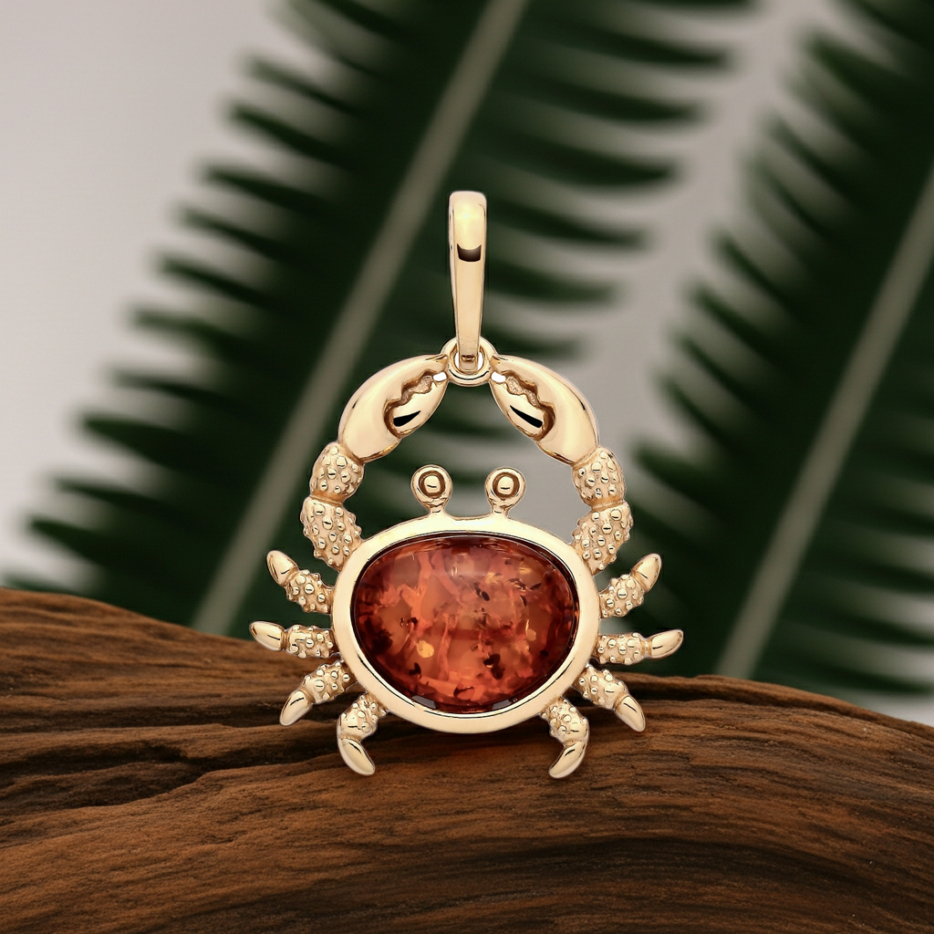 Natural Amber Crab Pendant 18ct Gold on Solid Sterling Silver 925 18" Chain