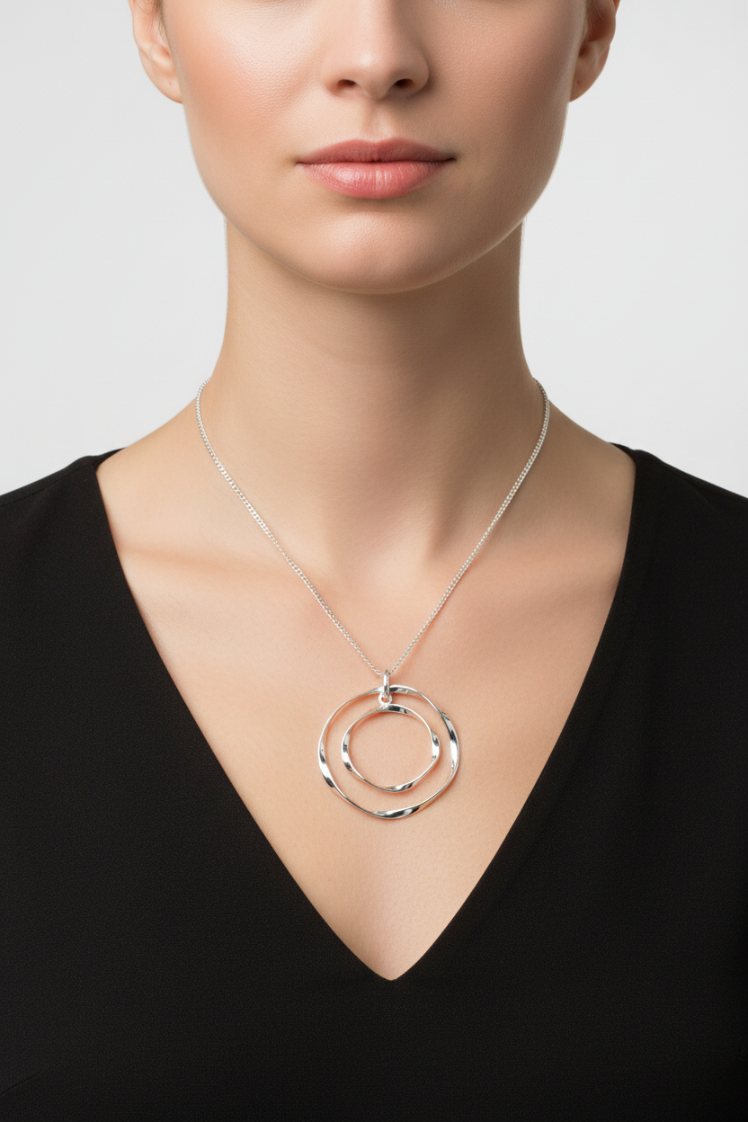 Organic Double Circle Necklace Adjustable Chain 925 Sterling Silver 925 hallmark