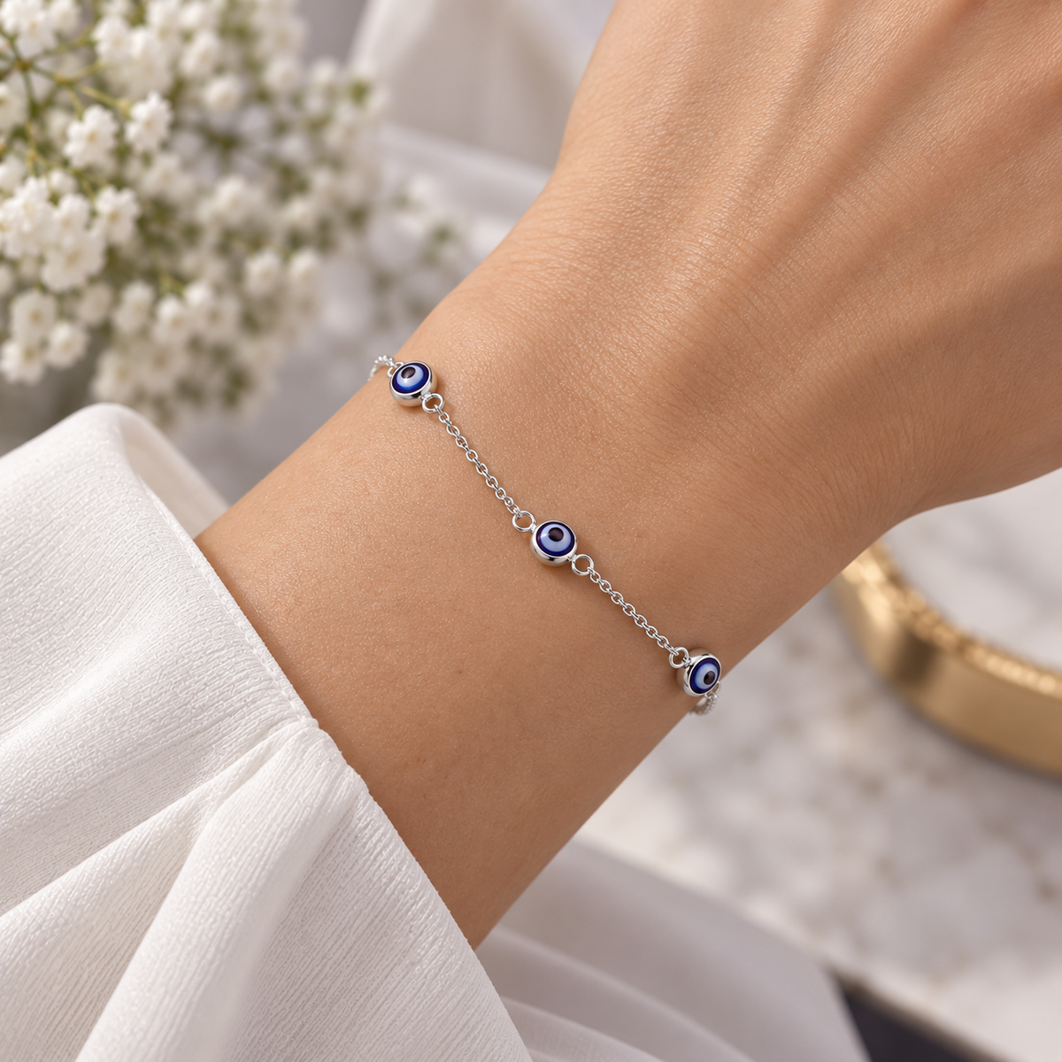 Sterling Silver Evil Eye Blue Enamel Chain Bracelet Lobster Clasp 925 Hallmark