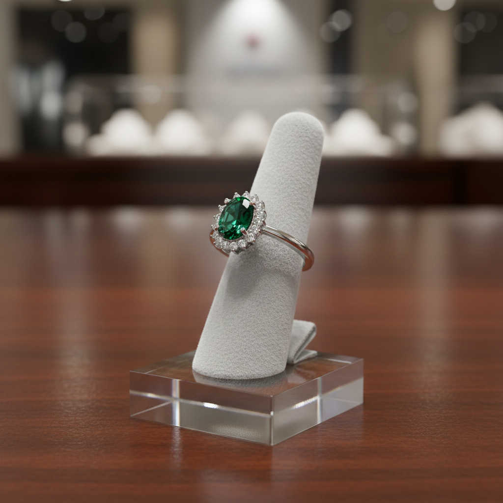 Sterling Silver Emerald Ring Oval Cluster Engagement 925 Hallmark Size K-S