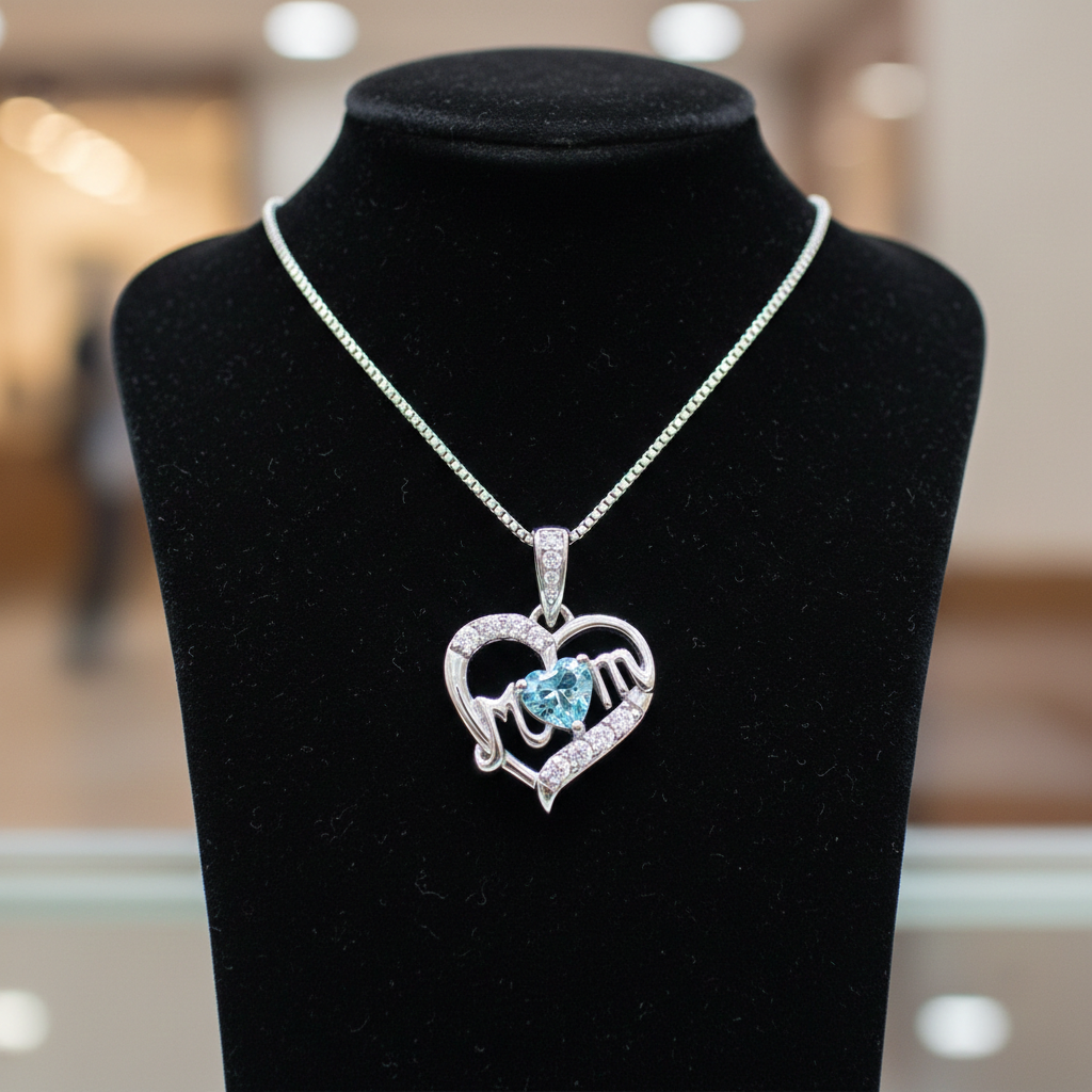 Aquamarine Mum Heart Pendant Solid Sterling Silver 925 Hallmark 18" Chain