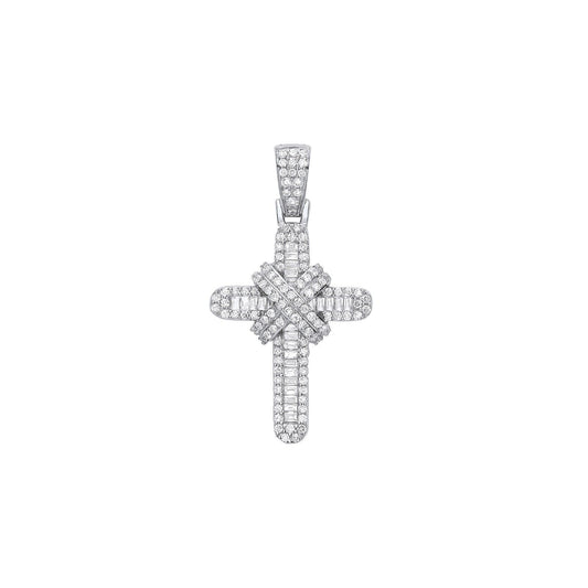 9ct White Gold 0.81ct Diamond Cross Pendant Hallmark Baguette and Brilliant Cut