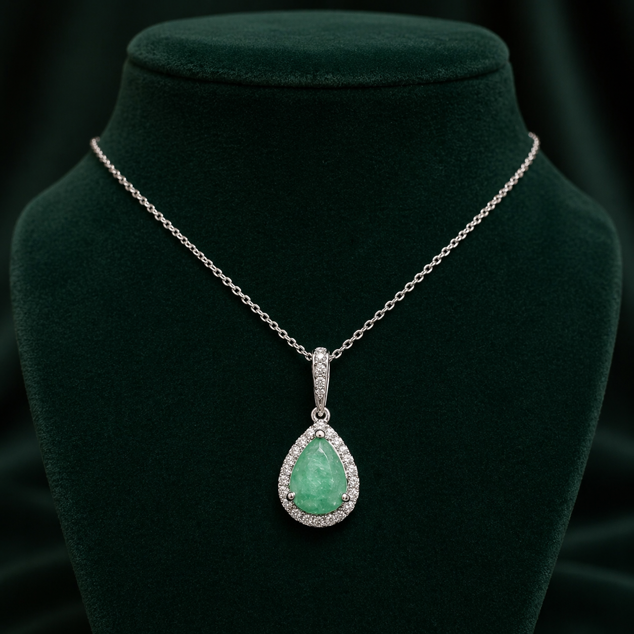 Emerald Pear Halo Pendant Real Diamond Solid White Gold 18" 46cm Length Chain
