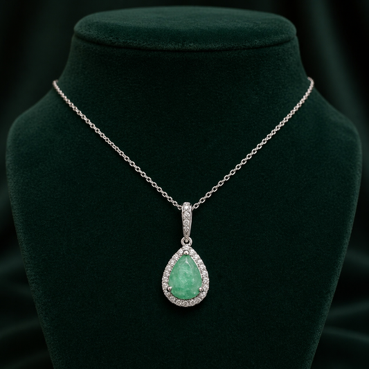 Emerald Pear Halo Pendant Real Diamond Solid White Gold 18" 46cm Length Chain