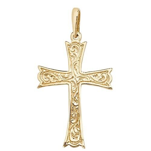 9ct Yellow Gold Patterned Cross Pendant Large 30 x 21mm Christianity Christening