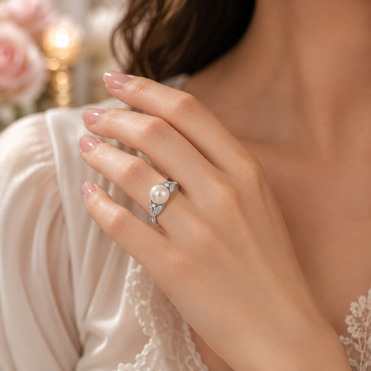 Vintage-Inspired Freshwater Pearl Ring in White Gold With Diamonds