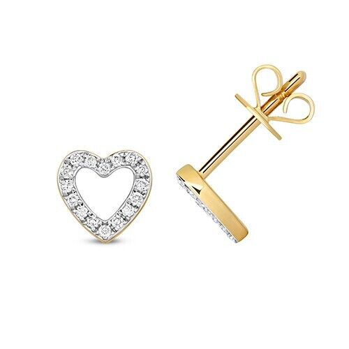 9ct Yellow Gold Diamond Heart Stud Earrings 0.12ctw 7mm Studs