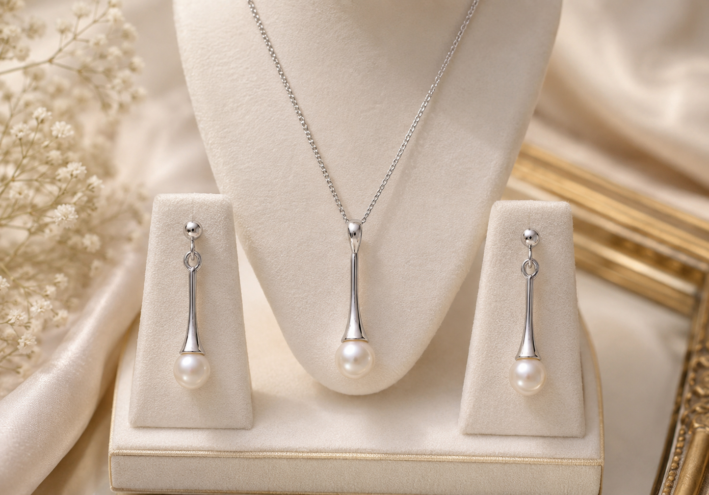 Elegant White Gold Freshwater Pearl Jewellery Set – Matching Pendant & Earrings