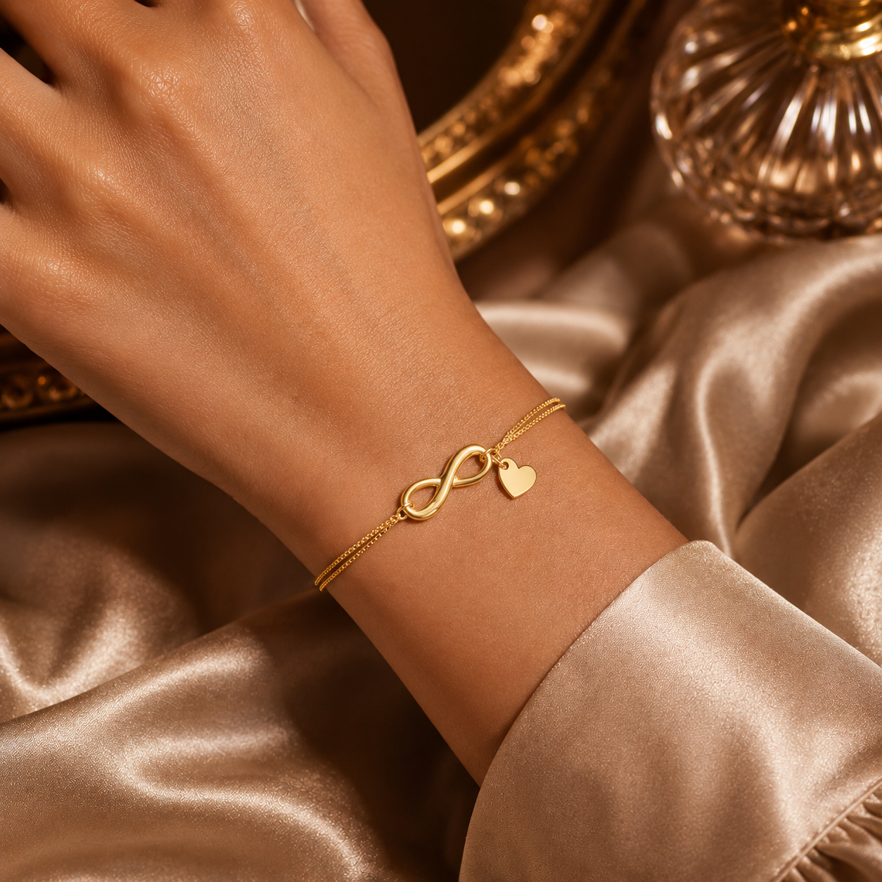Infinity Heart Double Chain Gold Bracelet 9ct Yellow Gold 375 Hallmark 17-19cm