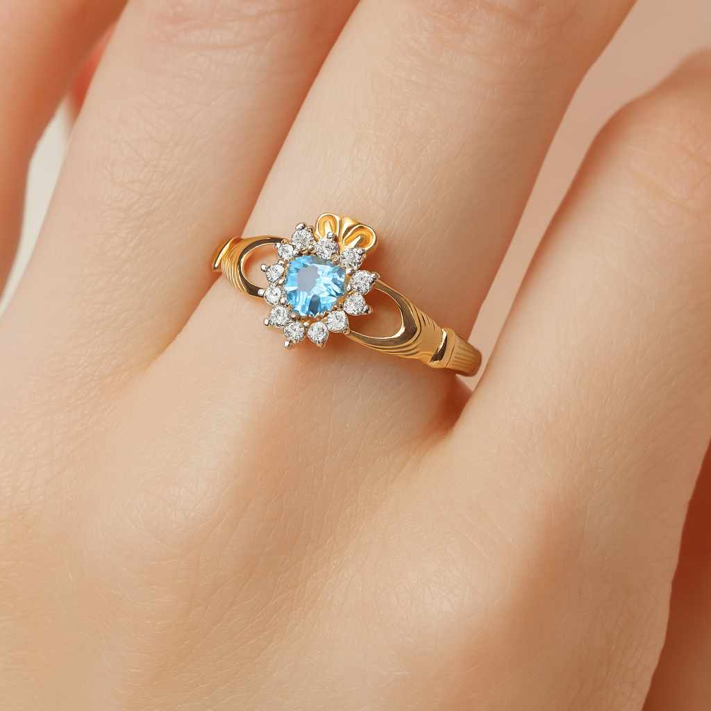 18ct Gold Blue Topaz Claddagh Ring on Solid Sterling Silver 925 Hallmark