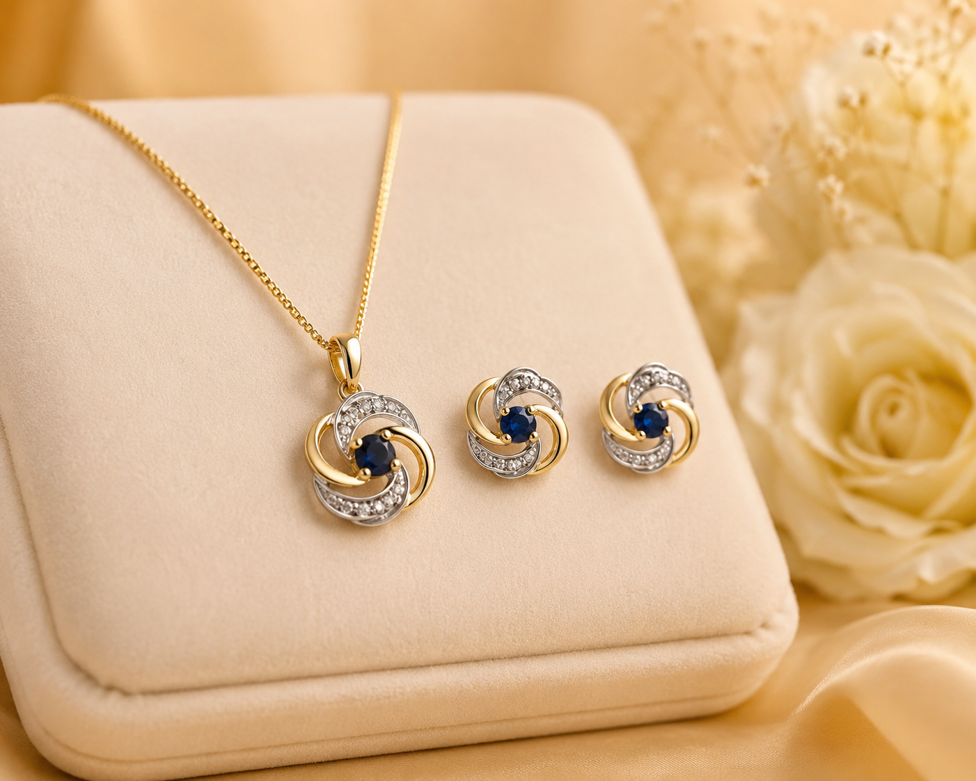 Elegant Sapphire Pendant Necklace and Stud Earrings Set in Two-Tone Solid Gold