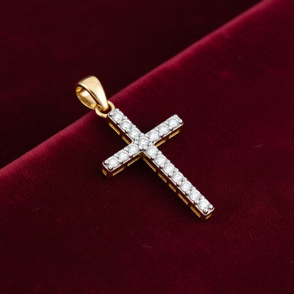 18ct Gold Zircon Cross Pendant on Solid Sterling Silver 925 Hallmark 18" Chain