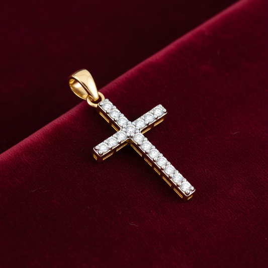 18ct Gold Zircon Cross Pendant on Solid Sterling Silver 925 Hallmark 18" Chain