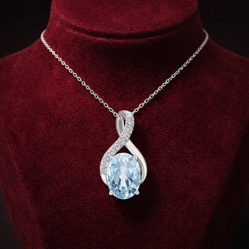 Blue Topaz Infinity Pendant With Diamonds 9ct White Gold 18" 46cm Length Chain