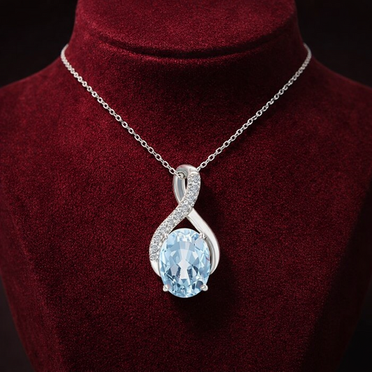 Blue Topaz Infinity Pendant With Diamonds 9ct White Gold 18" 46cm Length Chain