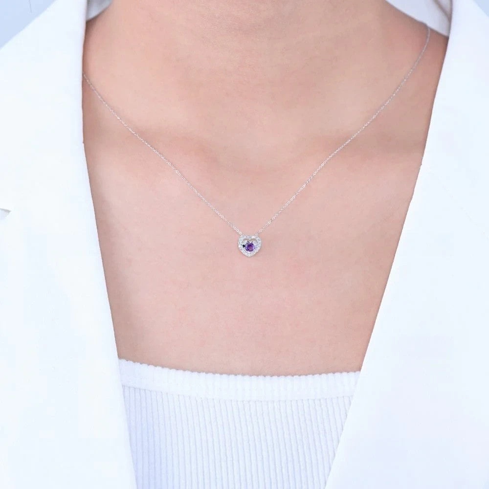Amethyst Heart Necklace With Diamond Solid White Gold 18" 46cm Length Chain