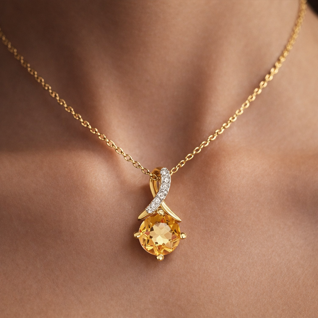 Citrine Pendant With Diamond Kiss Solid Yellow Gold 18" 46cm Length Chain