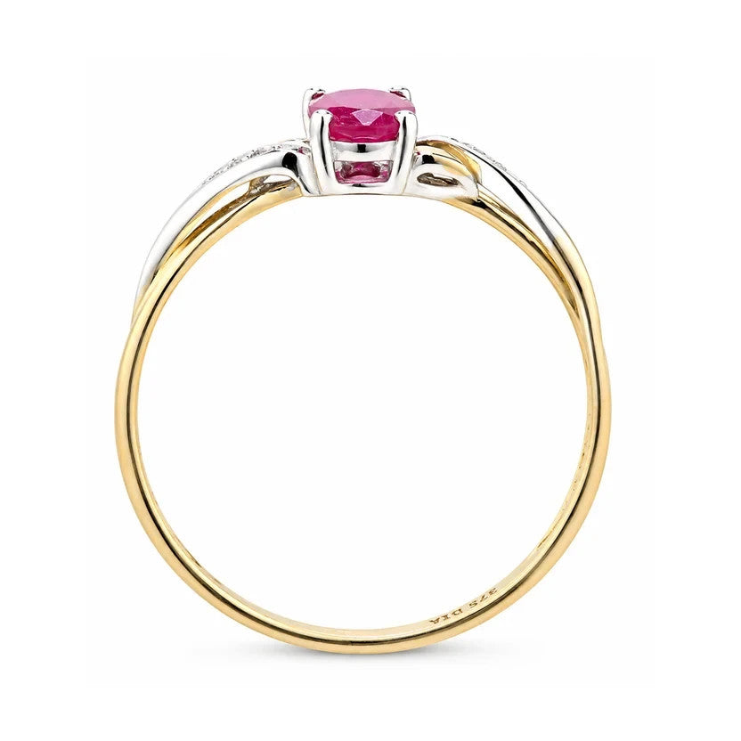 Ruby & Diamond Oval Gemstone Ring Two Tone Yellow & White Gold Hallmarked