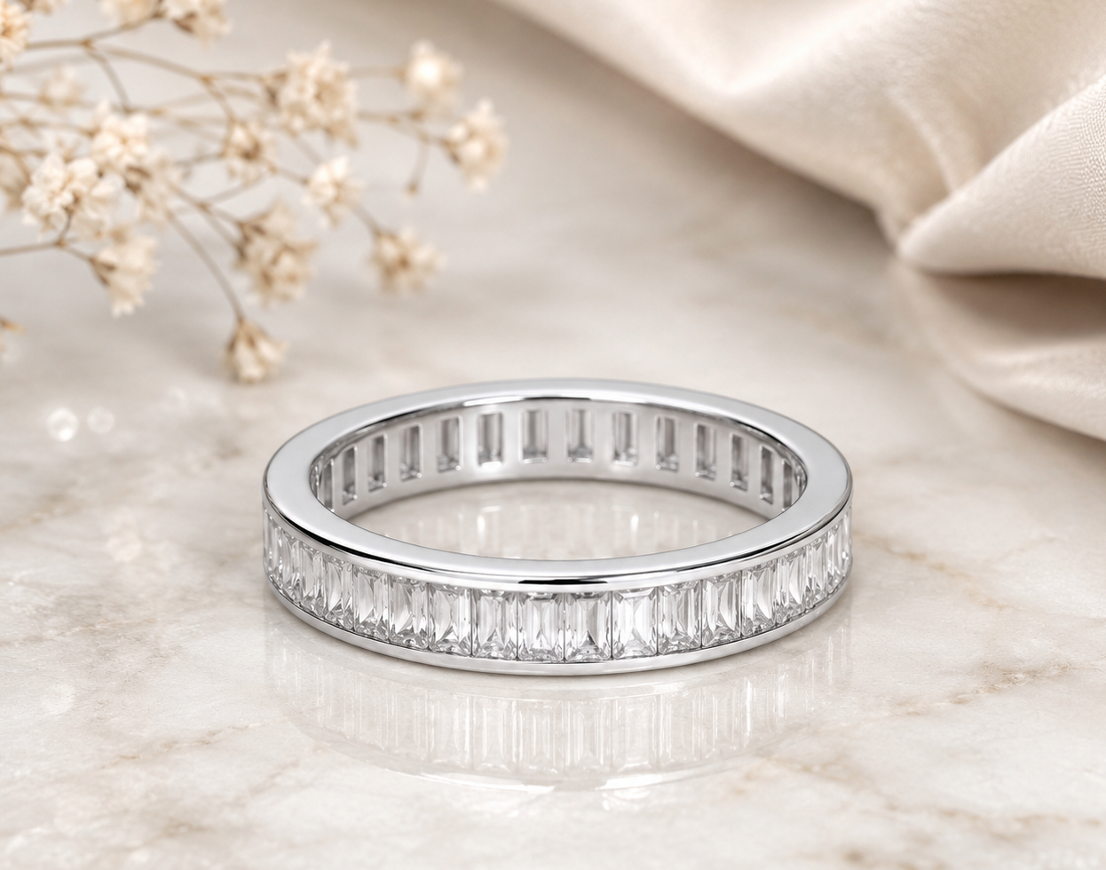 Elegant Channel-Set Baguette Full Eternity Band in Solid Sterling Silver