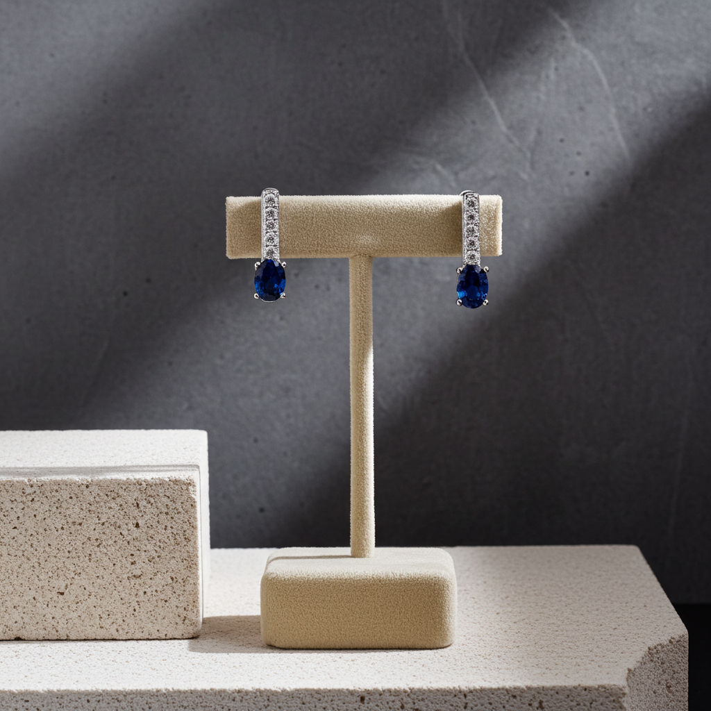 Sapphire Drop Stud Earrings Solid Sterling Silver 925 Hallmark Rhodium Finish