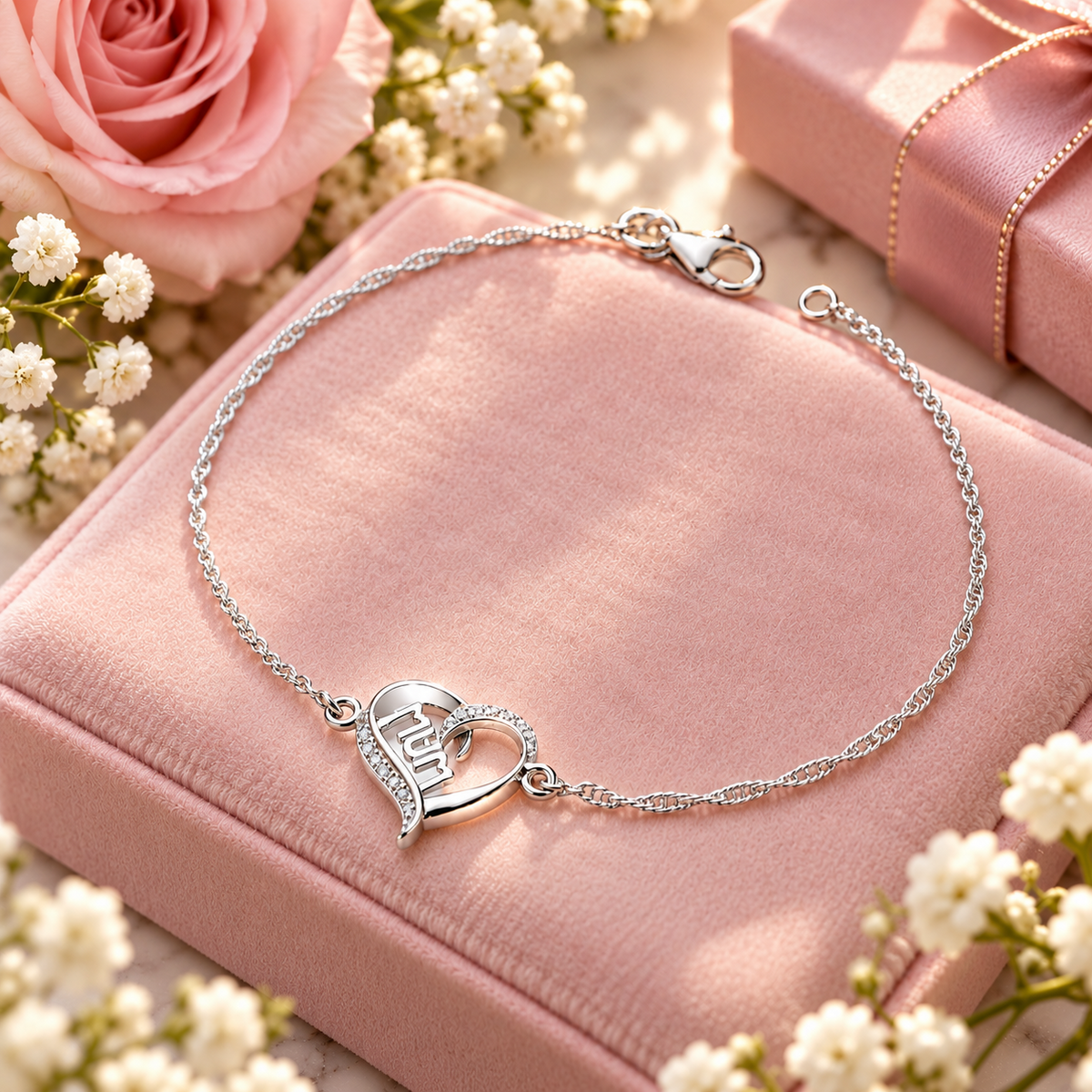 Sterling Silver “Mum” Heart Charm Bracelet – Elegant Mother’s Gift
