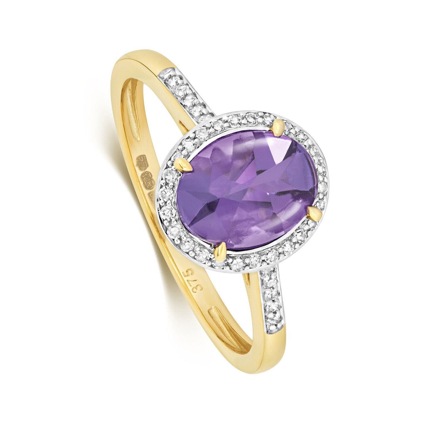 9ct Yellow Gold Amethyst and Diamond Ring Oval Cut Cluster 1.48ctw Size J - Q