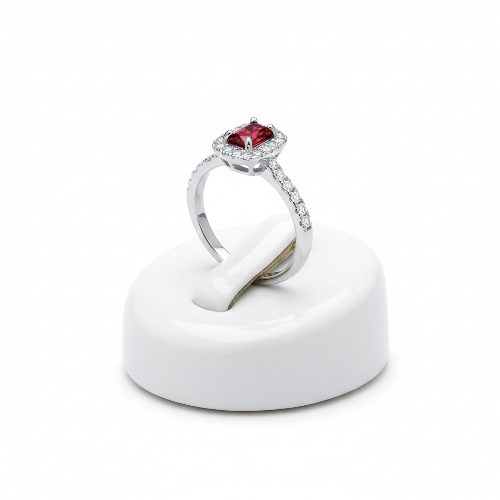 Sterling Silver Ruby Ring Rectangular Halo Engagement 925 Hallmark Size K-S