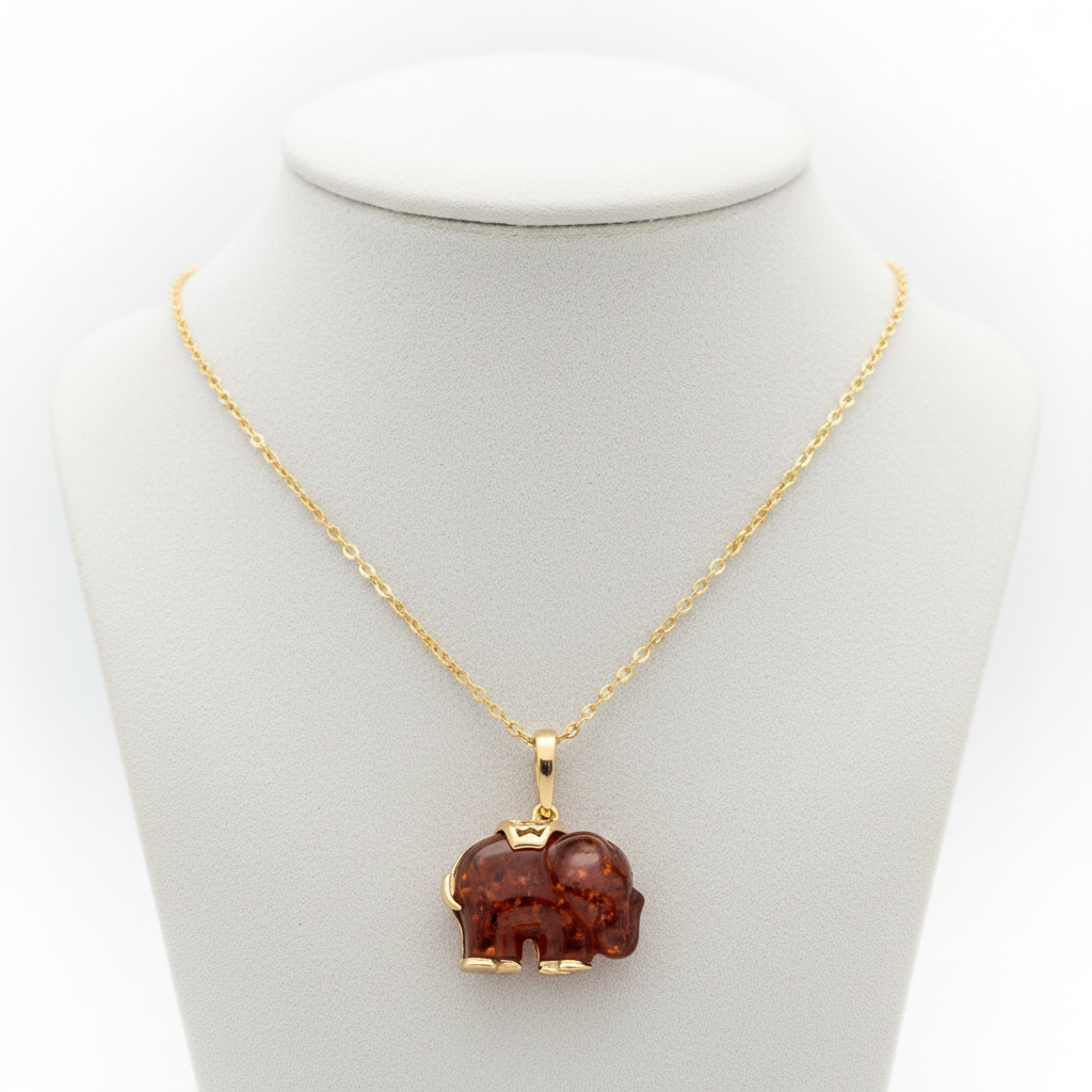 Natural Amber Elephant Pendant 18ct Gold on Solid Sterling Silver 925 18" Chain