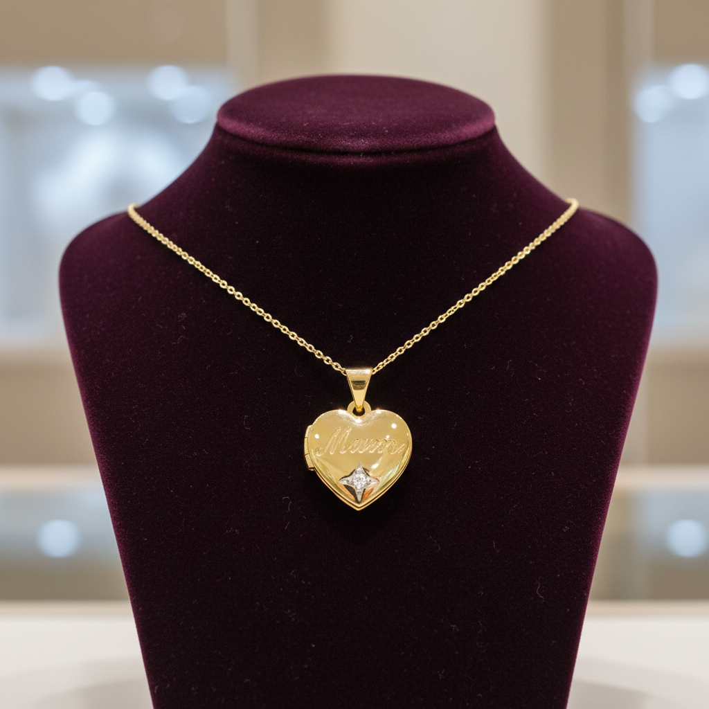 Natural Diamond Mum Heart Locket 18ct Gold on Solid Sterling Silver 18" Chain