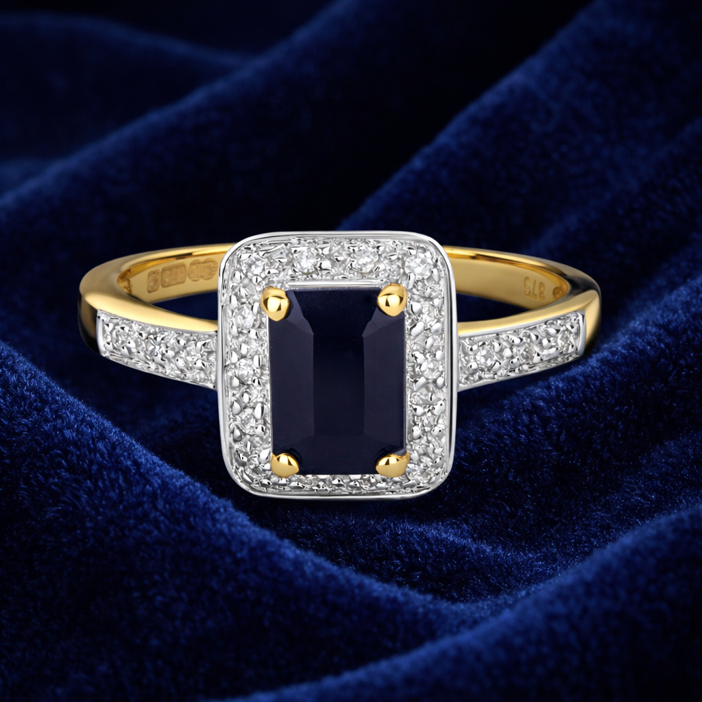 Real Sapphire and Diamond Ring 9ct Yellow Gold Octagon Cluster Size J-Q
