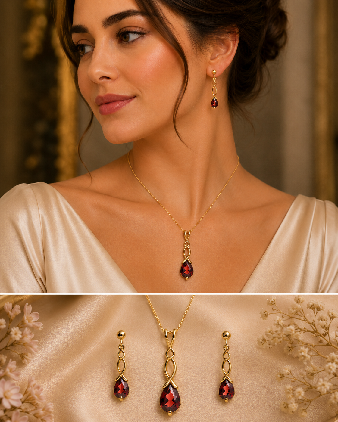Yellow Gold Garnet Teardrop Pendant Necklace & Matching Earrings Set