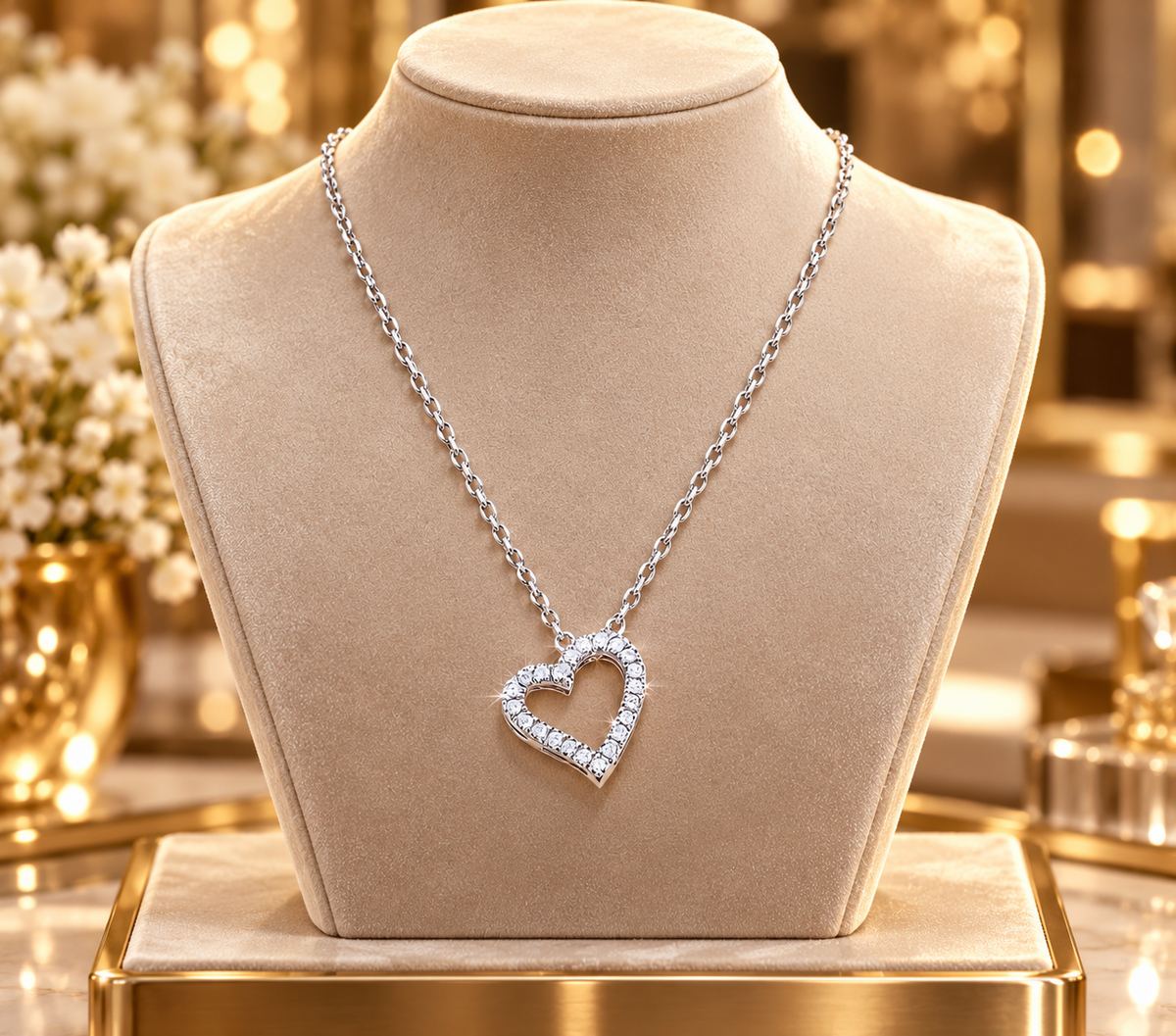 Diamond Open Heart Pendant 9ct White Gold 18" Chain Romantic Gift for Her